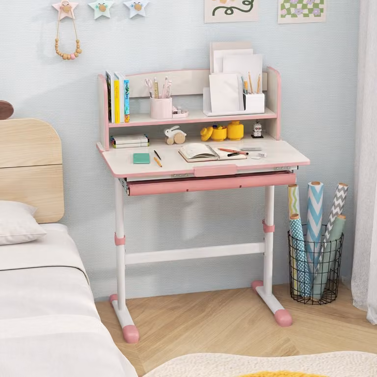 Set scrivania e sedia da studio per bambini Costway, tavolo regolabile in altezza e sedia girevole in rete, colore rosa