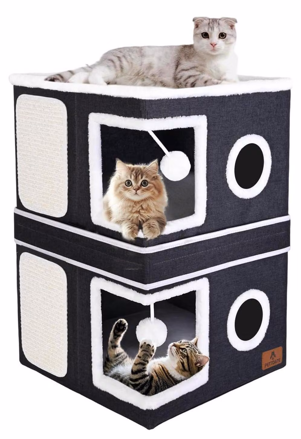 Casetta pieghevole per gatti, a 2 piani, con tiragraffi e pallina giocattolo, color grigio scuro, dimensioni 41x41x63 cm