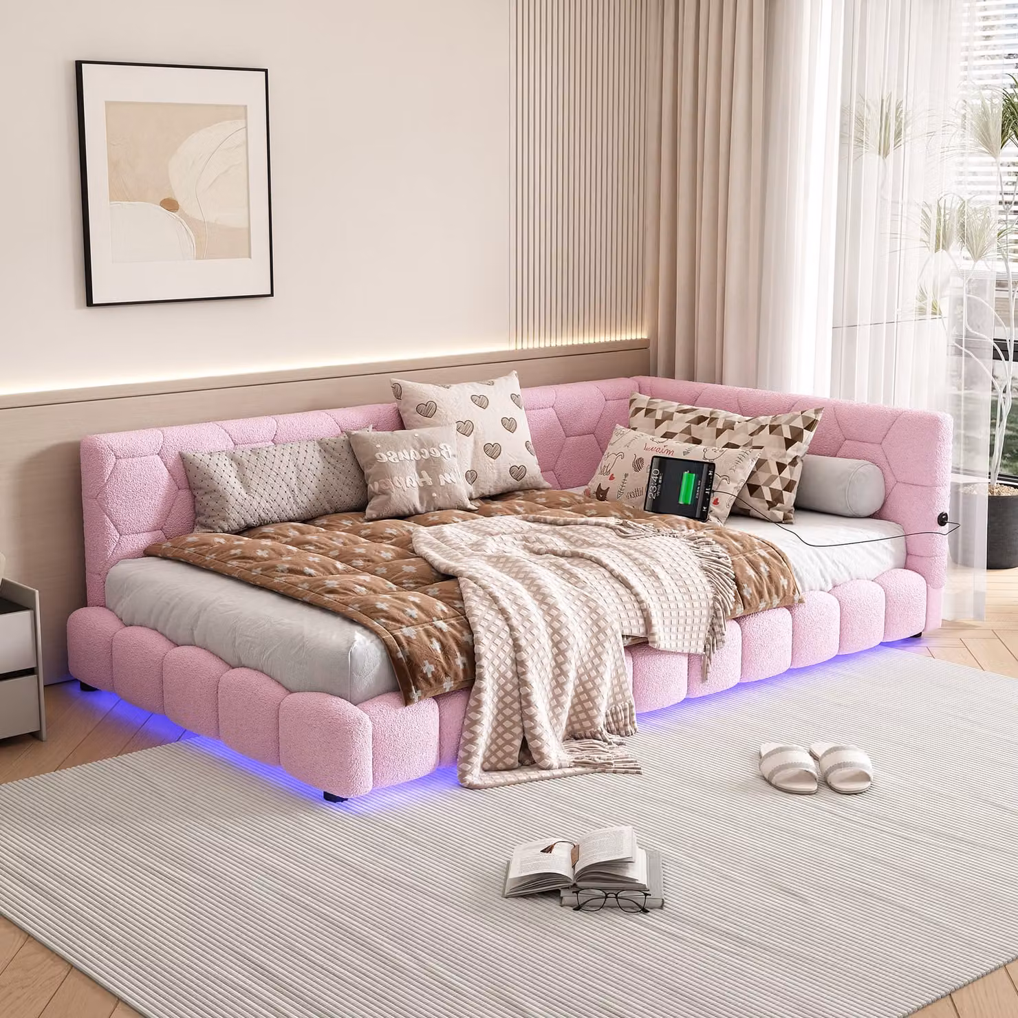 Letto imbottito Flieks 90x200cm con USB, divano letto con rete a doghe, letto da giorno per giovani con LED, letto per ospiti divano letto singolo, velluto, rosa
