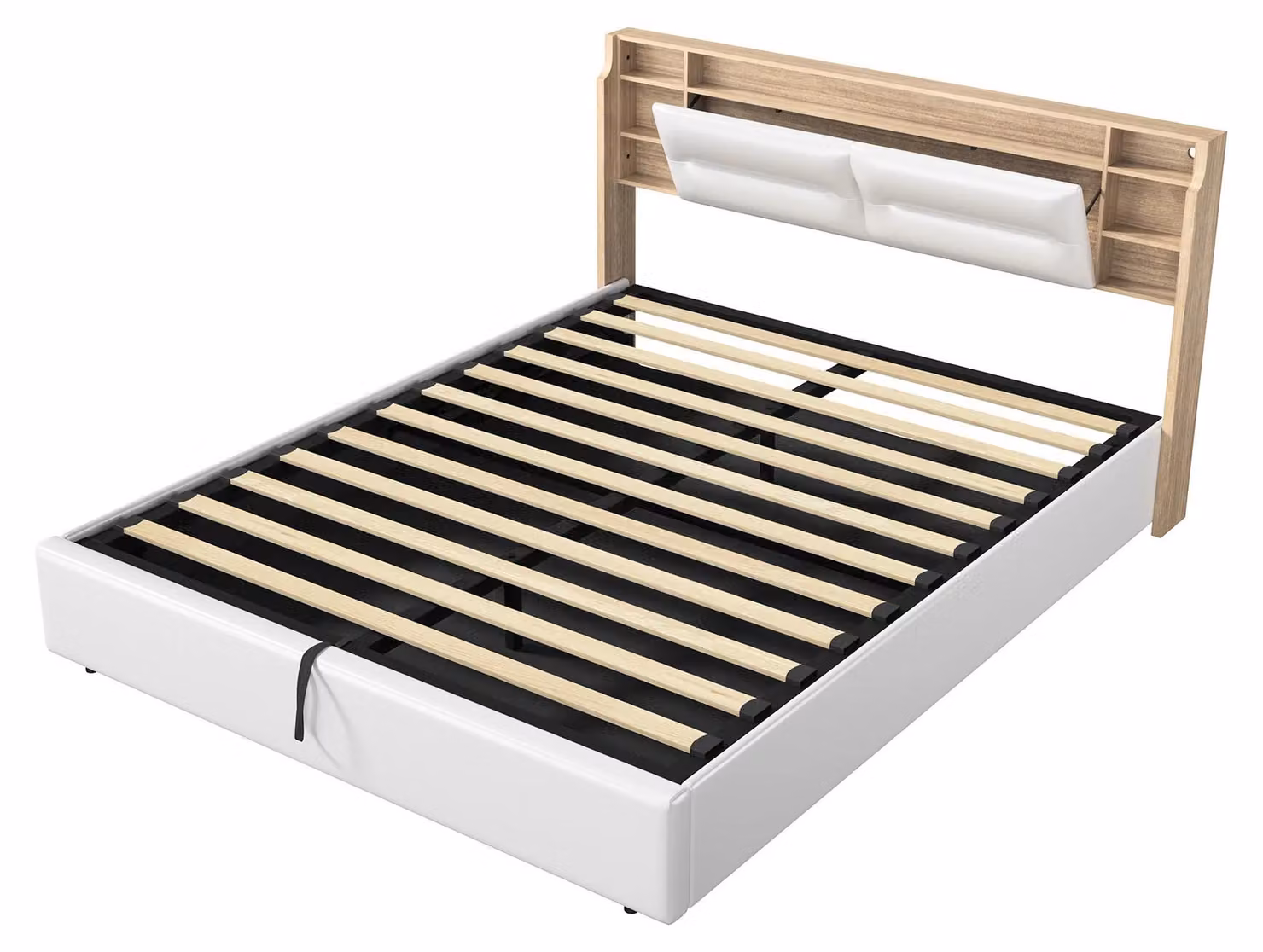 Letto imbottito - Letto matrimoniale 160x200 cm - Contenitore a sollevamento idraulico - Testiera con spazio contenitore - Retino - Ecopelle - Bianco