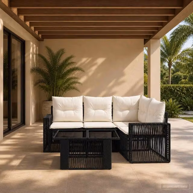 Set Divano da Giardino 5 pz Nero e Bianco Crema polyrattan 3436786
