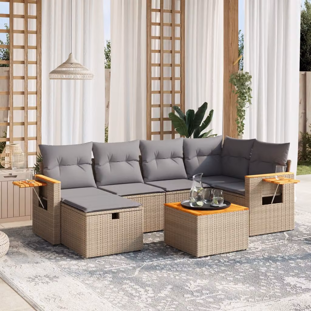 vidaXL Set Divano da Giardino a L 7 pz con Cuscini Beige e Grigio in Polyrattan e Acciaio – 1