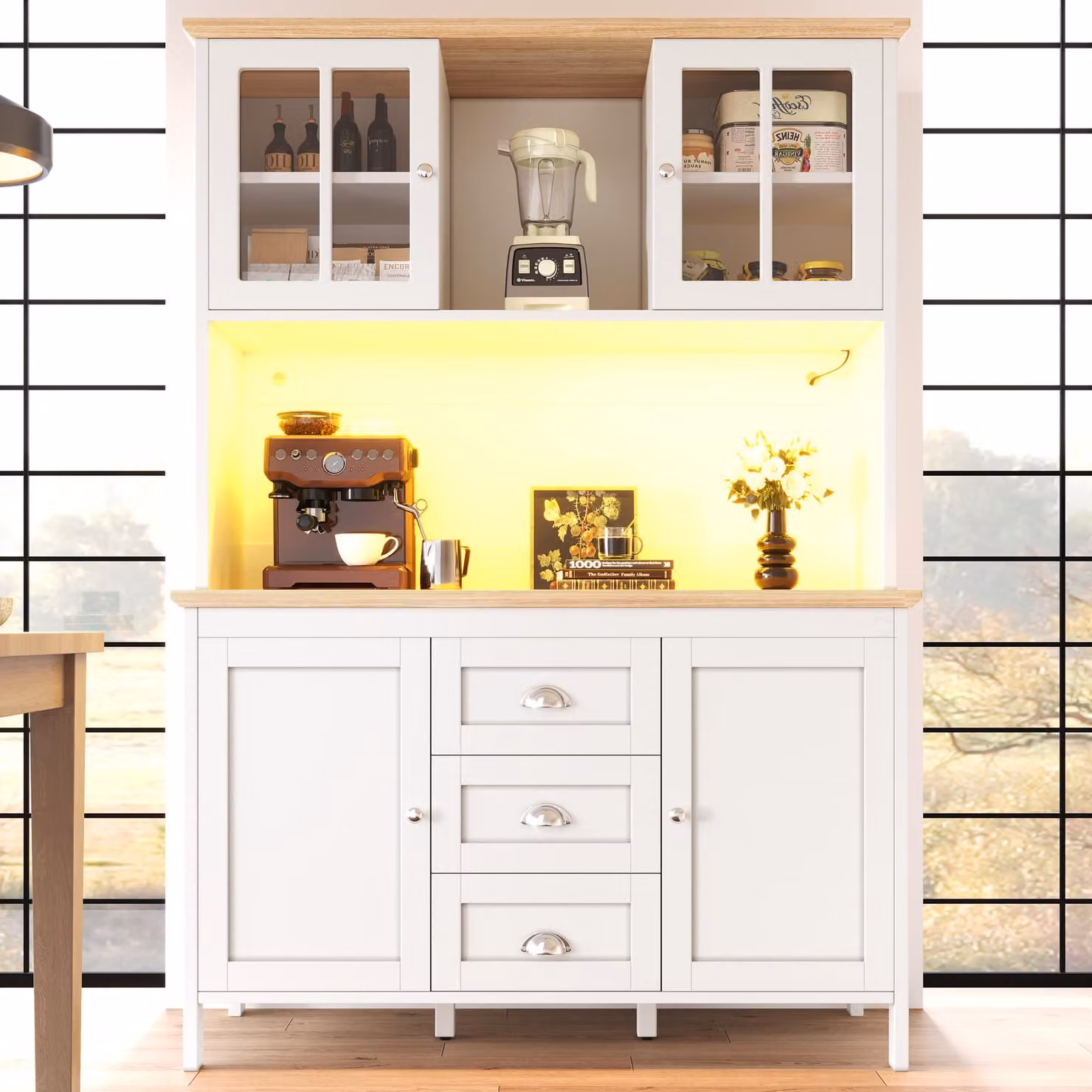 Mobile alto da cucina Fliek con LED, mobile da cucina con cassetti e ante, credenza con ripiani regolabili in altezza, 120x40x179 cm, bianco