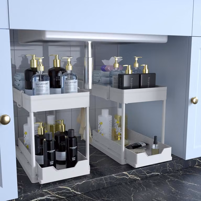 Organizzatore per cucina, ripiano da posizionare sotto il lavandino con 4 ganci, colore bianco, dimensioni 39x21x33 cm