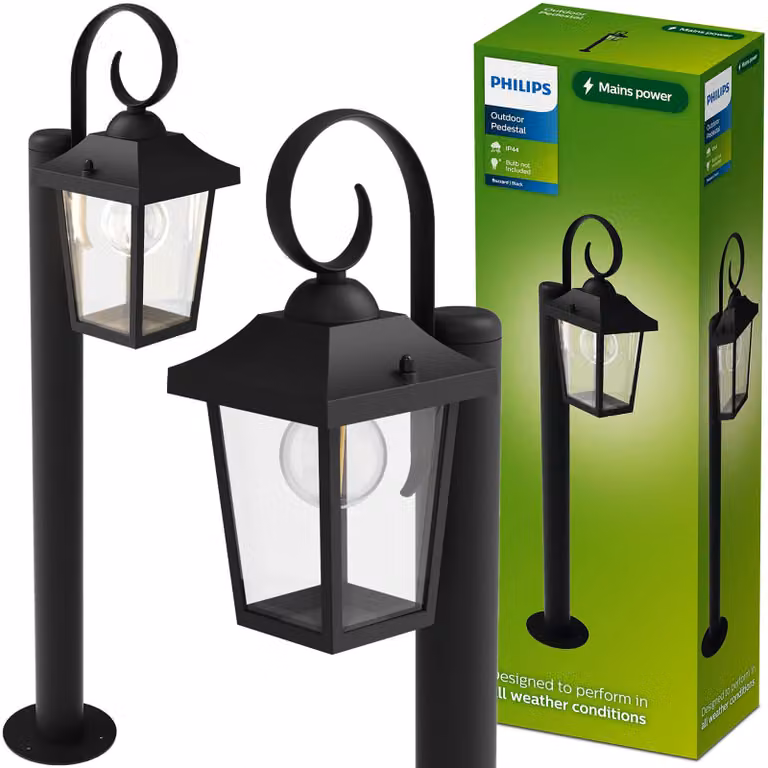 Lampada da giardino da terra per esterni a LED E27, palo da 75 cm, lanterna IP44, nera, modello Buzzard di Philips