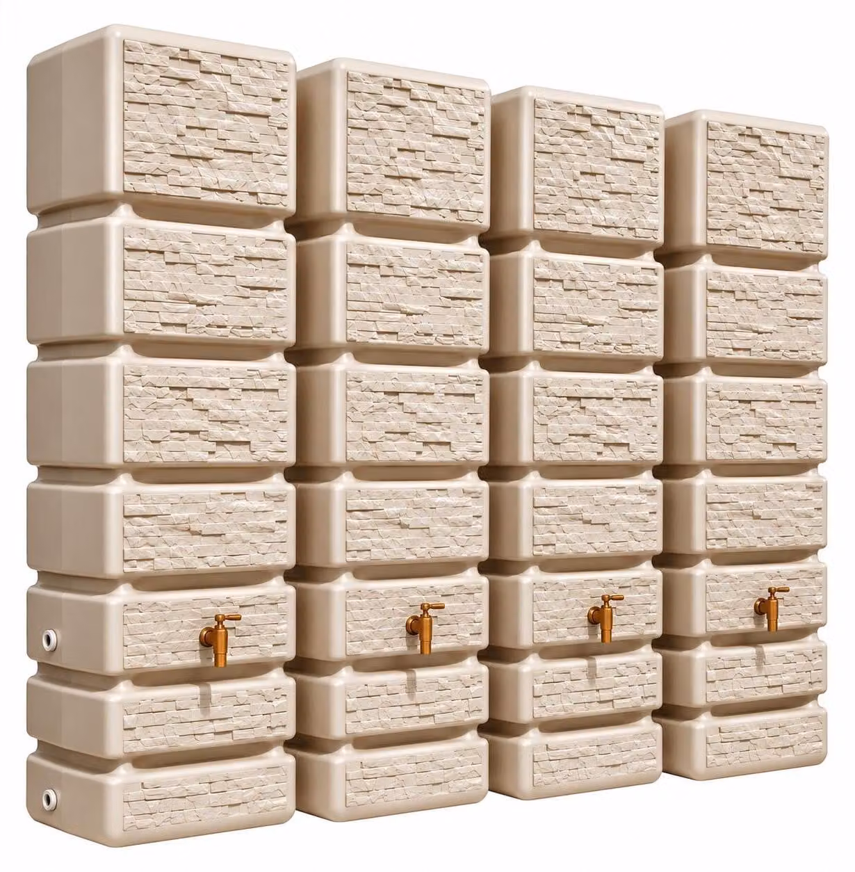 Set completo per serbatoio a parete 4rain SLIM STONE DECOR, capacità 1400 litri, color sabbia, composto da: 4 serbatoi SLIM da 350 litri ciascuno, kit di collegamento, rubinetto di scarico in plastica e raccordo per pluviale