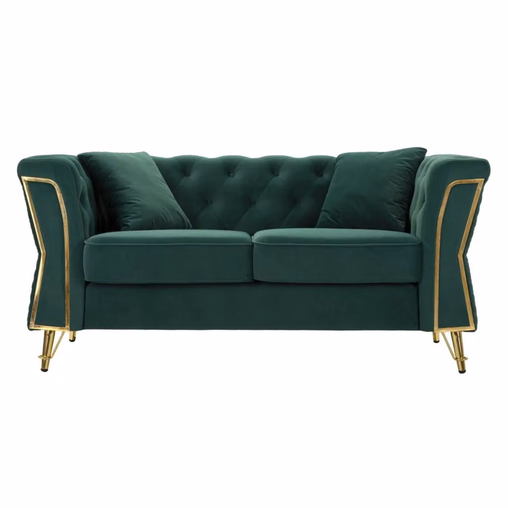 Divano Emy Vikasa Home in velluto verde con cuscini e gambe oro L: 162 cm, P: 83 cm, H: 76 cm – 2