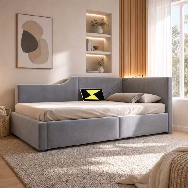 Letto da giorno ULEVR 90x190 cm con contenitore idraulico, lampada da lettura e ricarica USB-C, velluto grigio
