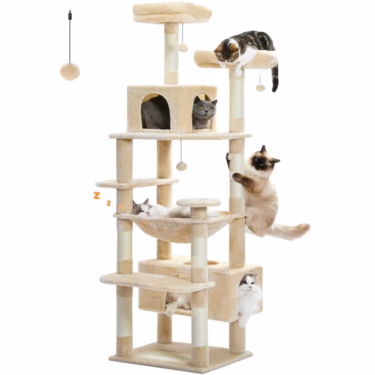 Albero per gatti grande e torre, design spazioso, diverse colonne per graffiare, comode amache, colore beige, altezza 136 cm