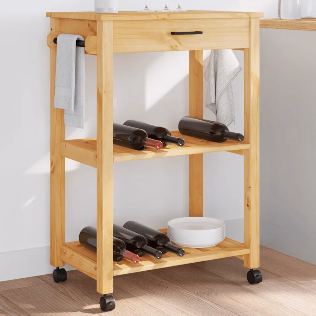 vidaXL Carrello da Cucina MONZA in Legno Massello di Pino Marrone con Ruote L 60 cm x P 40 cm x H 88,5 cm