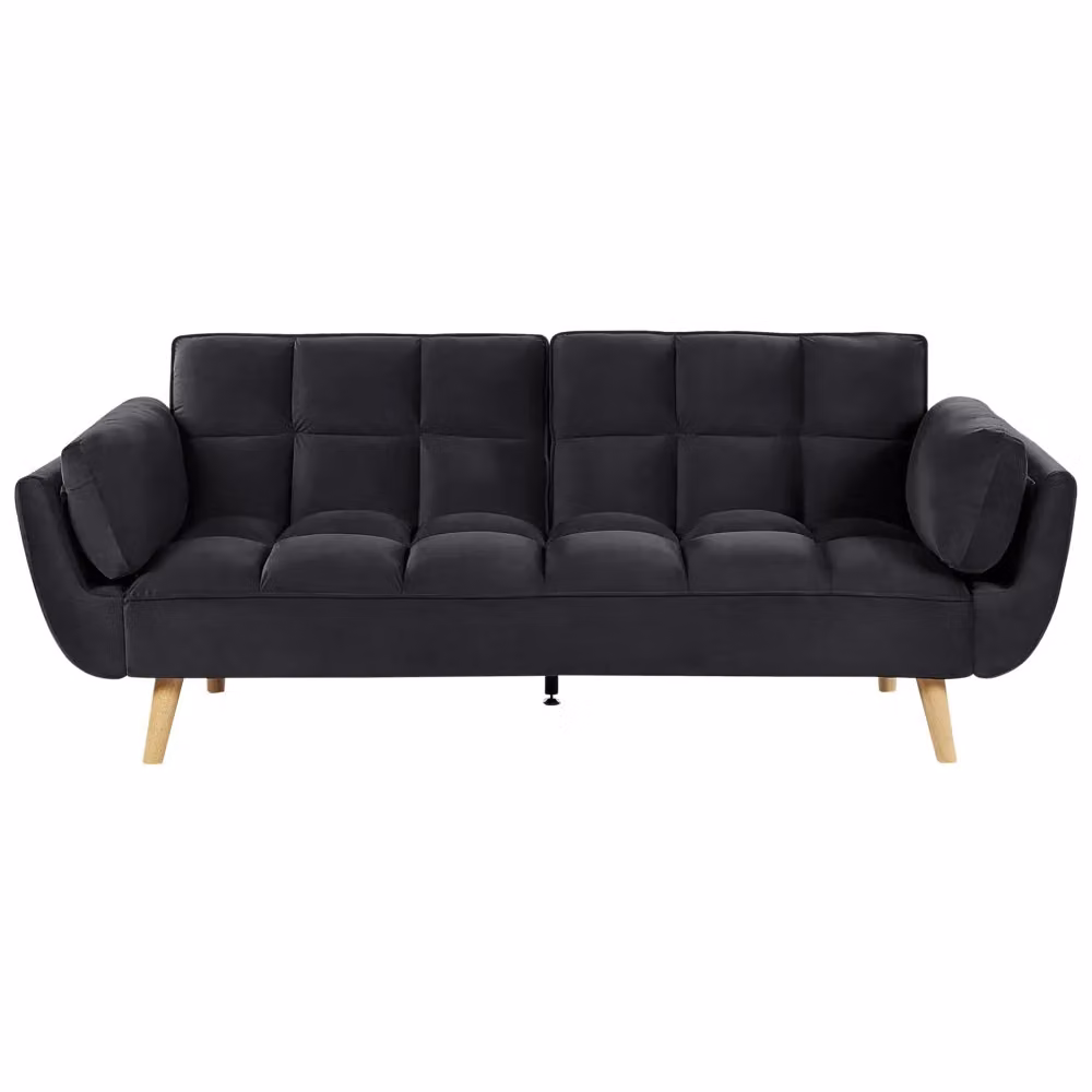 Divano Letto Click Clack Beliani in Velluto Nero con Gambe in Legno di Rubberwood e Imbottitura in Schiuma per Soggiorno L: 218 cm, P: 83 cm, H: 82 cm – 2