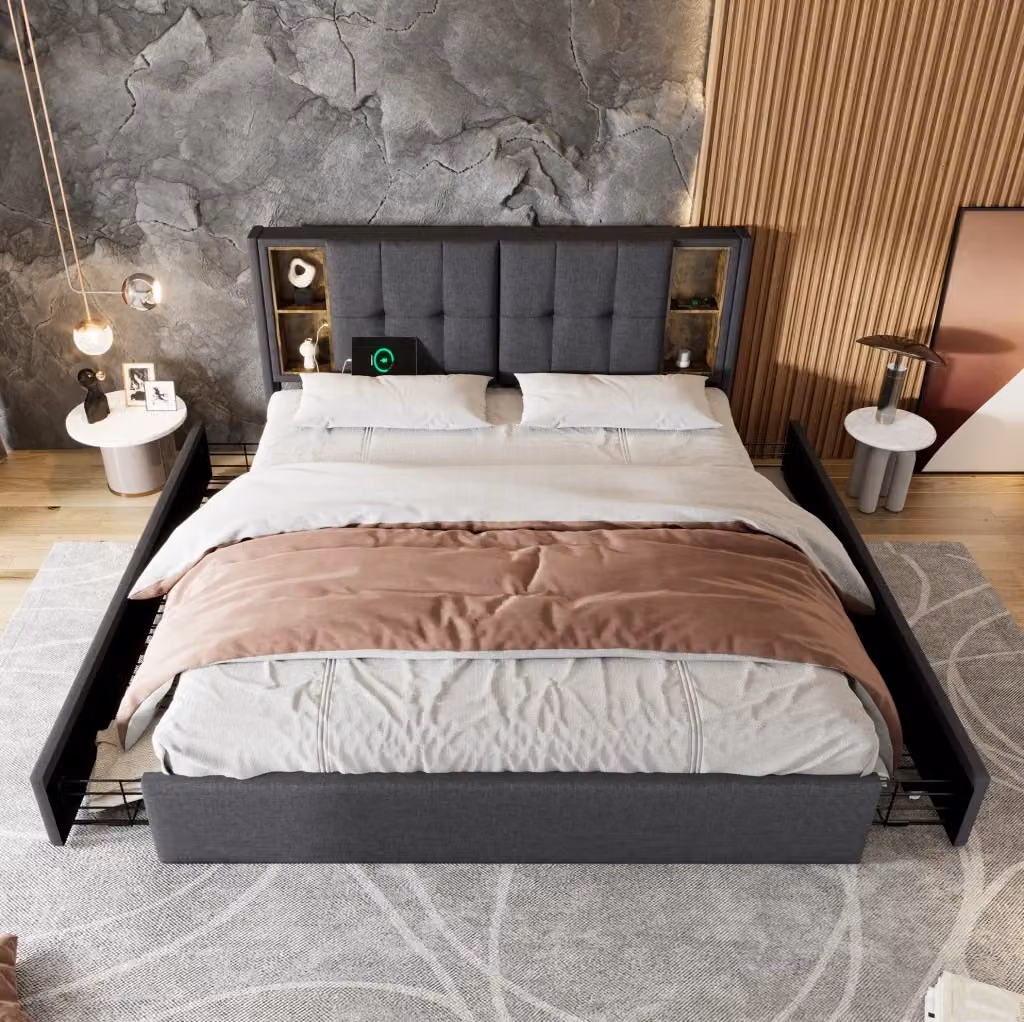 Letto matrimoniale MODFU in tessuto grigio con 4 cassetti e porta USB, L/P: 160 x 200 cm – 2