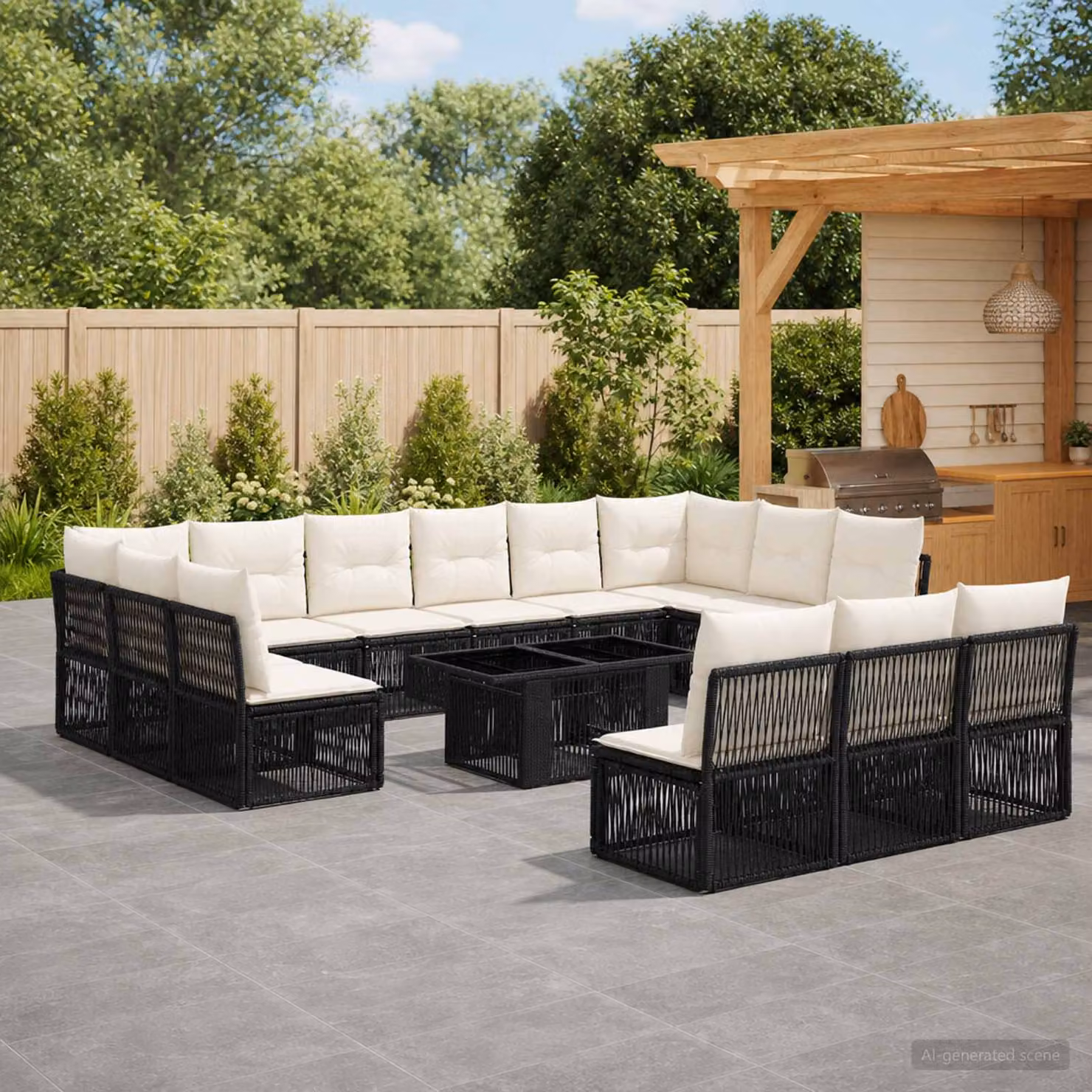 Set Divano da Giardino vidaXL a forma a U in Polyrattan Nero con Cuscini e Tavolino da Esterno