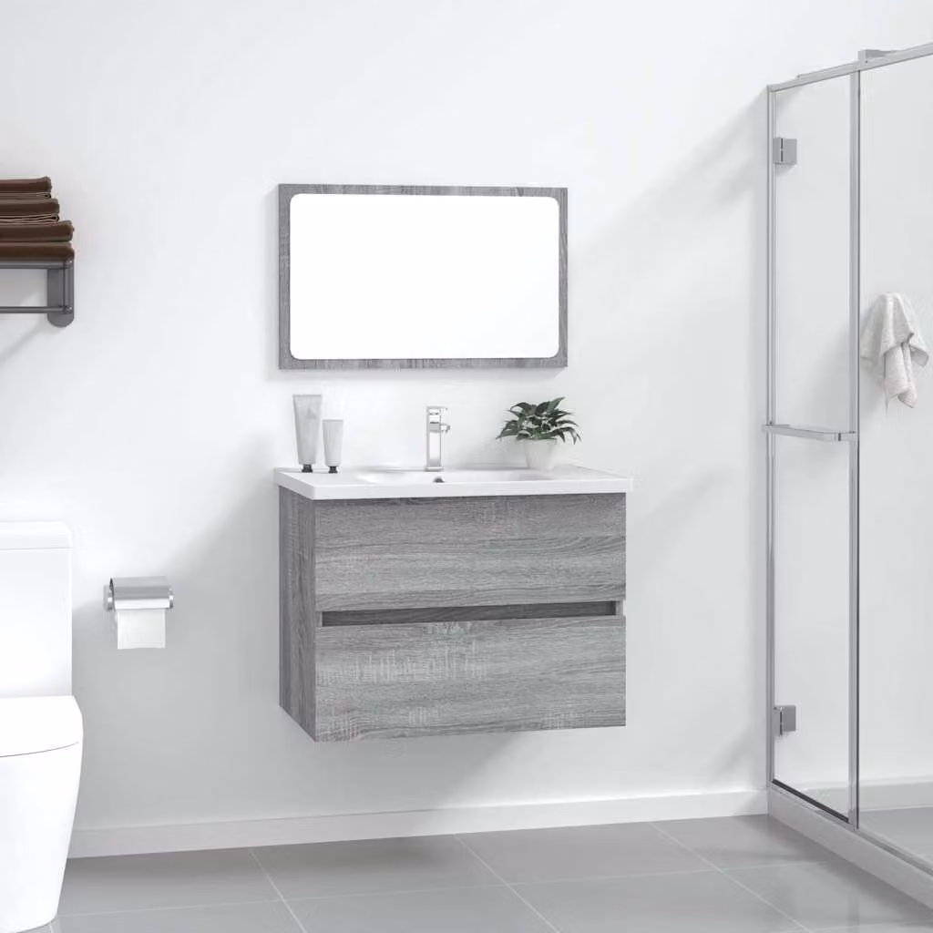 Set Mobili da Bagno vidaXL 2 Pezzi Grigio con Mobile Lavabo e Armadietto Specchio in Legno e Vetro, L/P/H: 60.0 x 38.5 x 45.0 cm