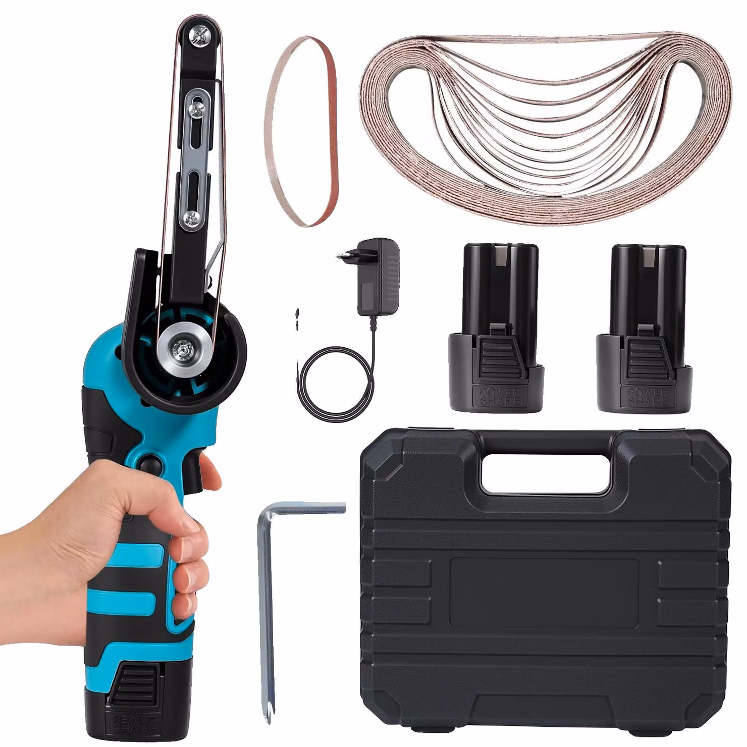 Levigatrice a nastro a batteria, potenza 300W, velocità 10000 giri/min, set con 2 batterie
