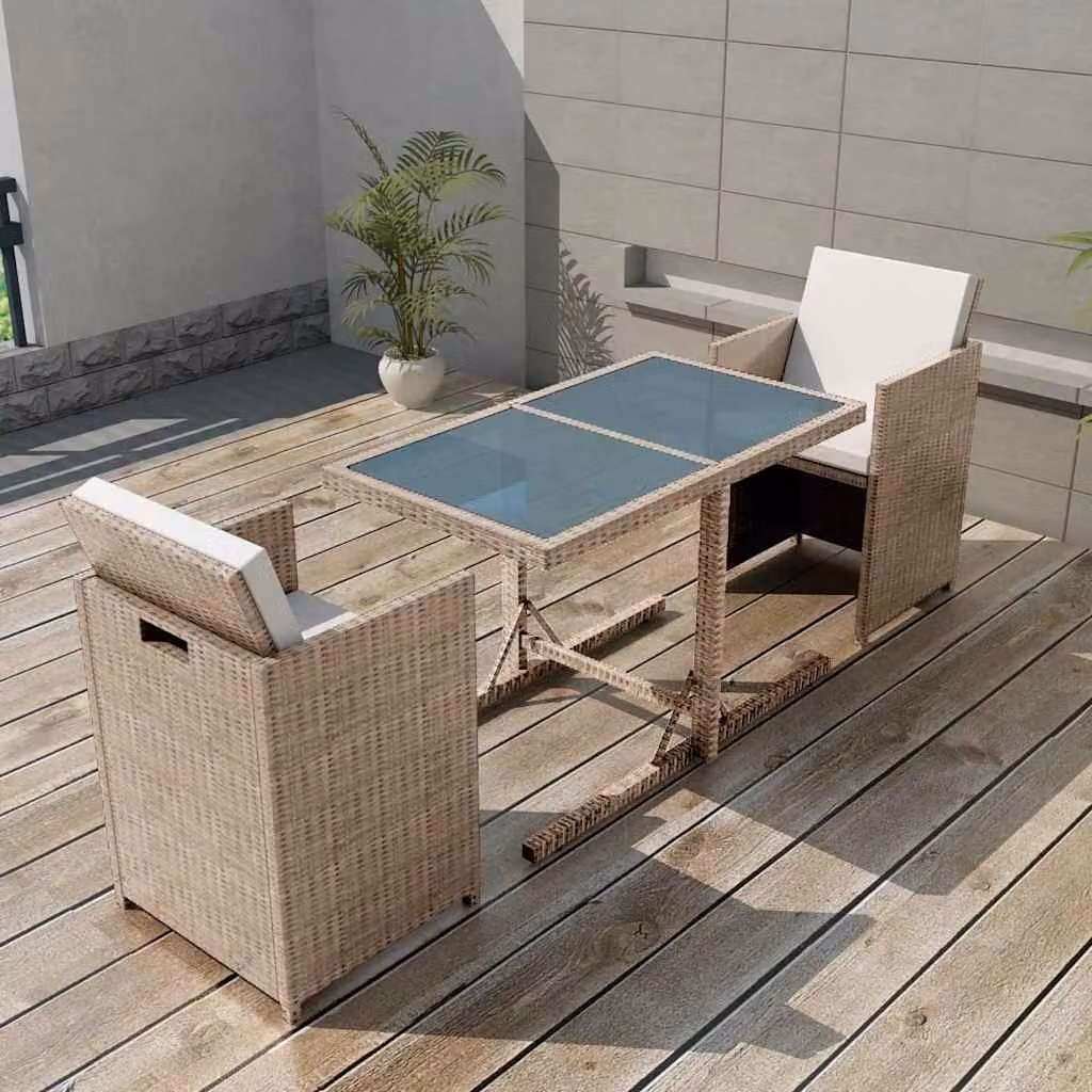 Set da Bistrot vidaXL in Polyrattan Beige con Cuscini e Piano in Vetro per Giardino e Terrazzo