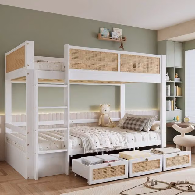 Letto a castello per bambini in pino e MDF; 90x200 cm; con 3 cassetti su ruote e rattan; bianco e naturale