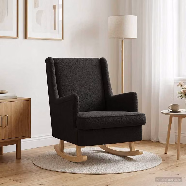 Sedia a dondolo moderna vidaXL in tessuto bouclé nero con braccioli L/P/H: 62 x 80 x 85 cm