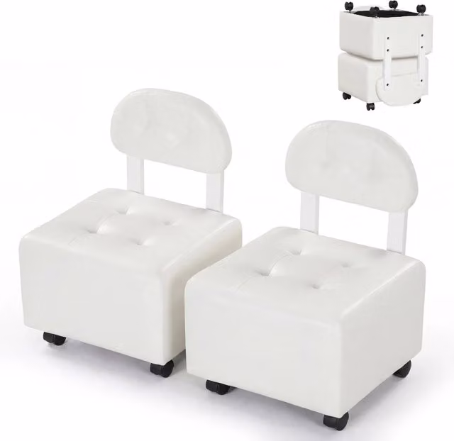 Set di 2 sedie da salotto imbottite impilabili con schienale morbido e rotelle, sedute girevoli a 360 gradi in ecopelle, colore Bianco – 1