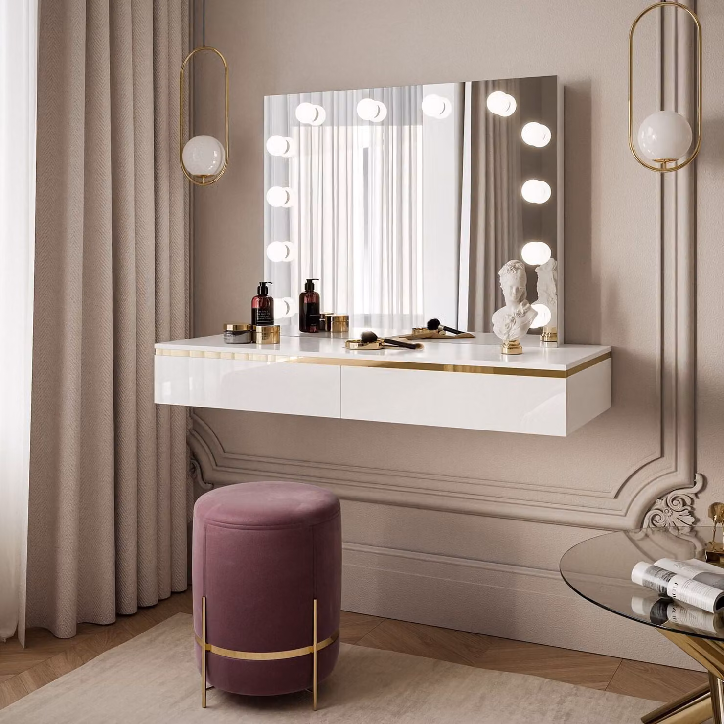 Tavolo da trucco sospeso AURORA ELITE con specchio, bianco / bianco lucido