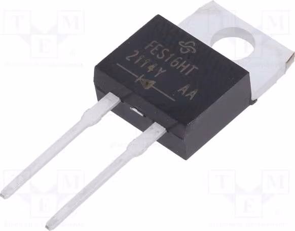 1 x Diodo: raddrizzatore 500V AC 16A, corrente di impulso inversa massima (Ifsm): 250A, montaggio a foro passante (THT), tempo di recupero inverso (FES): 50ns, modello: FES16HT-E3/45, marca: Univer