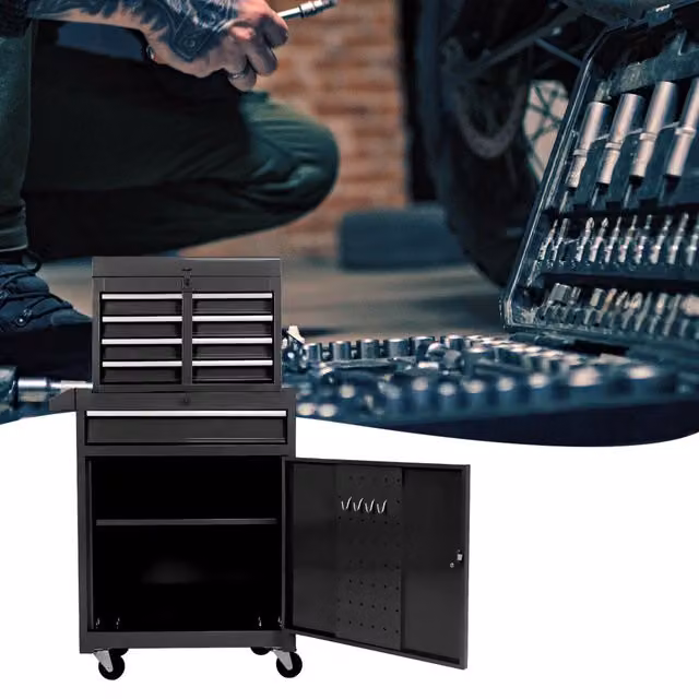 Mobile contenitore in acciaio con 5 cassetti, ripiano regolabile, ruote e pannello porta utensili, per garage, nero