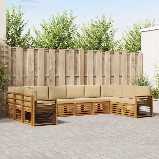 Set di divani da esterno a L vidaXL in legno di acacia con cuscini beige e naturale – 1