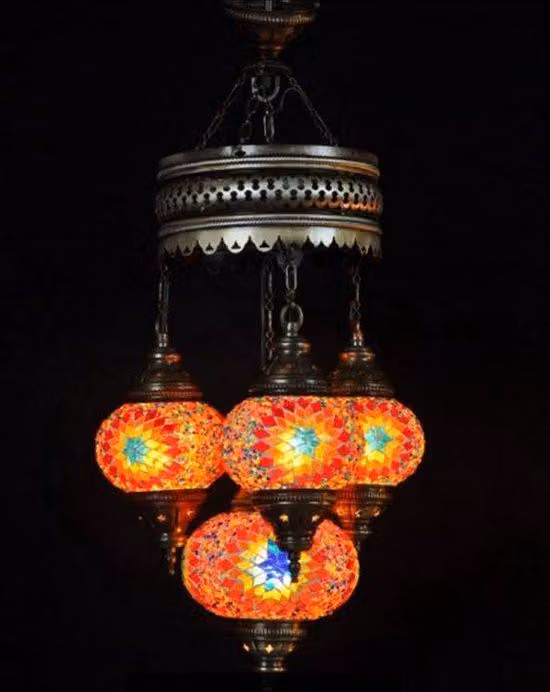 Lampada a sospensione turca con 4 sfere colorate a mosaico – Lampada da soffitto orientale per un'illuminazione d'atmosfera