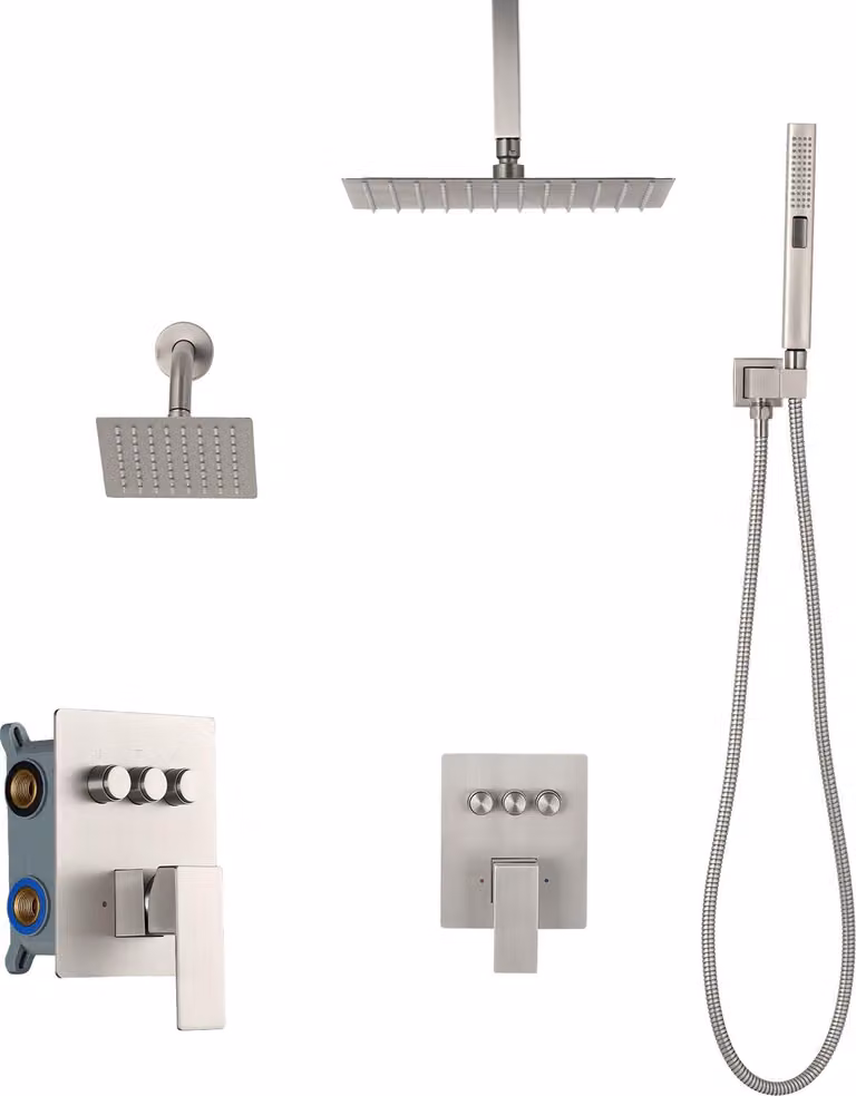 Set di miscelatori per doccia SucceBuy con soffione a pioggia da 10 pollici, soffione a parete da 6 pollici e doccetta 2 in 1, doppio soffione a pioggia orientabile con 3 funzioni, set di valvole e finiture in ottone, finitura nichel spazzolato