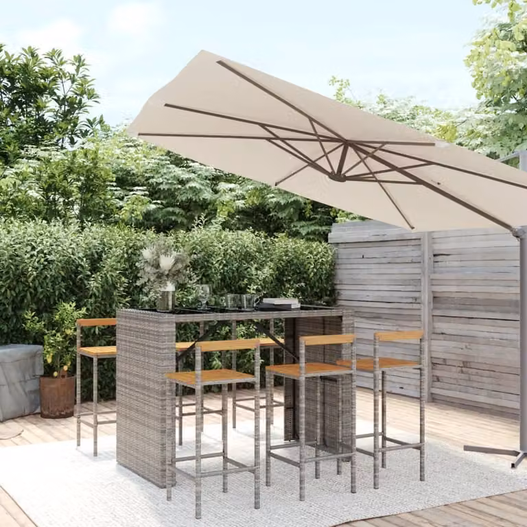 The Living Store Set bar da giardino 7 pezzi in poly rattan grigio e legno massiccio di acacia