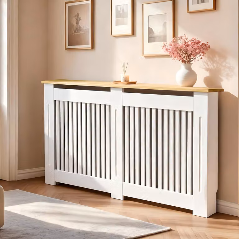 Copertura per termosifoni WISFOR, 152 x 20 x 92,5 cm, MDF, listelli verticali, aspetto legno, con ripiano, sistema di sicurezza anticaduta, ideale per camere da letto e soggiorni