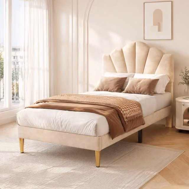 Letto imbottito in velluto beige 90x200 cm con testiera regolabile e gambe in ferro dorato
