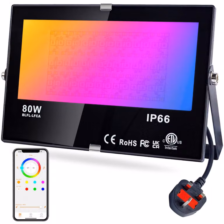 Faretto LED da esterno RGB, 80W, dimmerabile, con Bluetooth, grado di protezione IP66, 7900 lumen