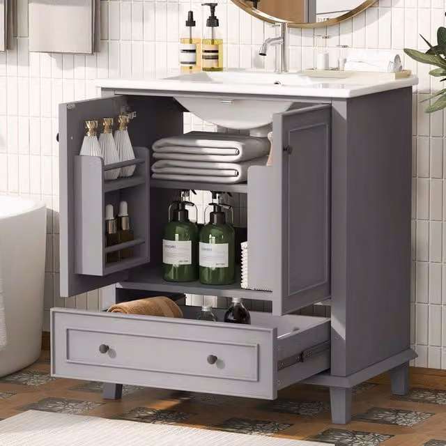 Mobile Bagno con Lavabo Integrato in Ceramica ¨C MINIMAL ¨C Grigio, Massello, 76x46x87cm