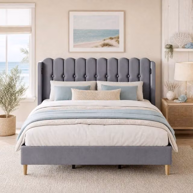 Letto matrimoniale imbottito in lino grigio 180x200 cm con struttura robusta e ricarica USB Type-C integrata