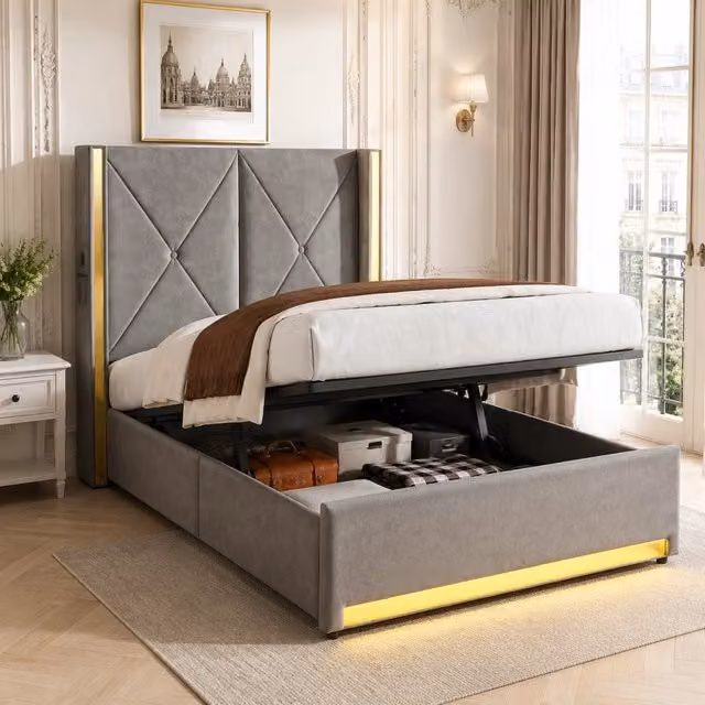 Letto in velluto 90x200 cm con testiera alta imbottita e trapuntata, tasche laterali, USB e LED, sistema idraulico, grande contenitore sotto il letto