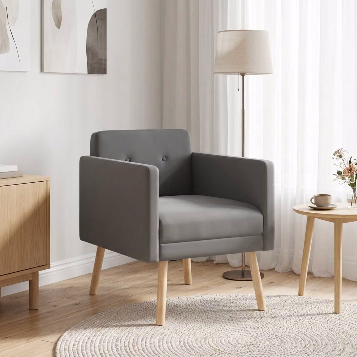 Poltrona decorativa moderna vidaXL in velluto grigio con braccioli e struttura in legno