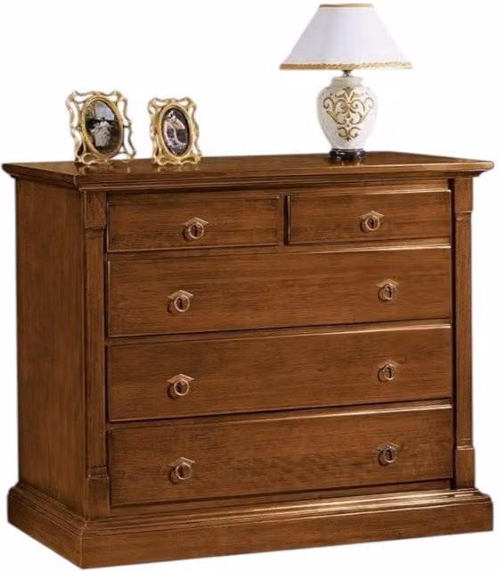 Cassettiera in legno stile arte povera con 5 cassetti Mobili 2G colore noce L: 135 cm, P: 55 cm, H: 110 cm
