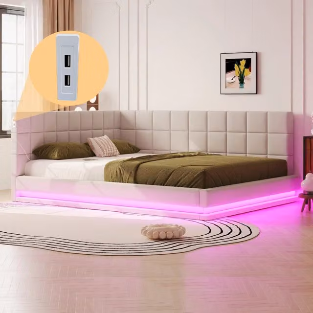 Divano letto MIVRAY moderno in lino beige con LED multicolore e porta USB, L/P/H: 160 x 200 cm
