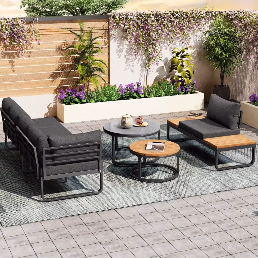 Set da giardino Chicfurn in acciaio verniciato grigio con 2 divani da esterno, poltrona lounge e tavolino da caffè con cuscini inclusi – 2