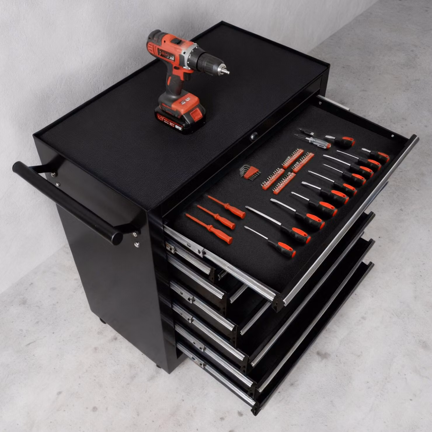 Carrello portautensili tectake con 7 cassetti, piano di lavoro e ruote, nero L: 79 cm, P: 44 cm, H: 88 cm – 1
