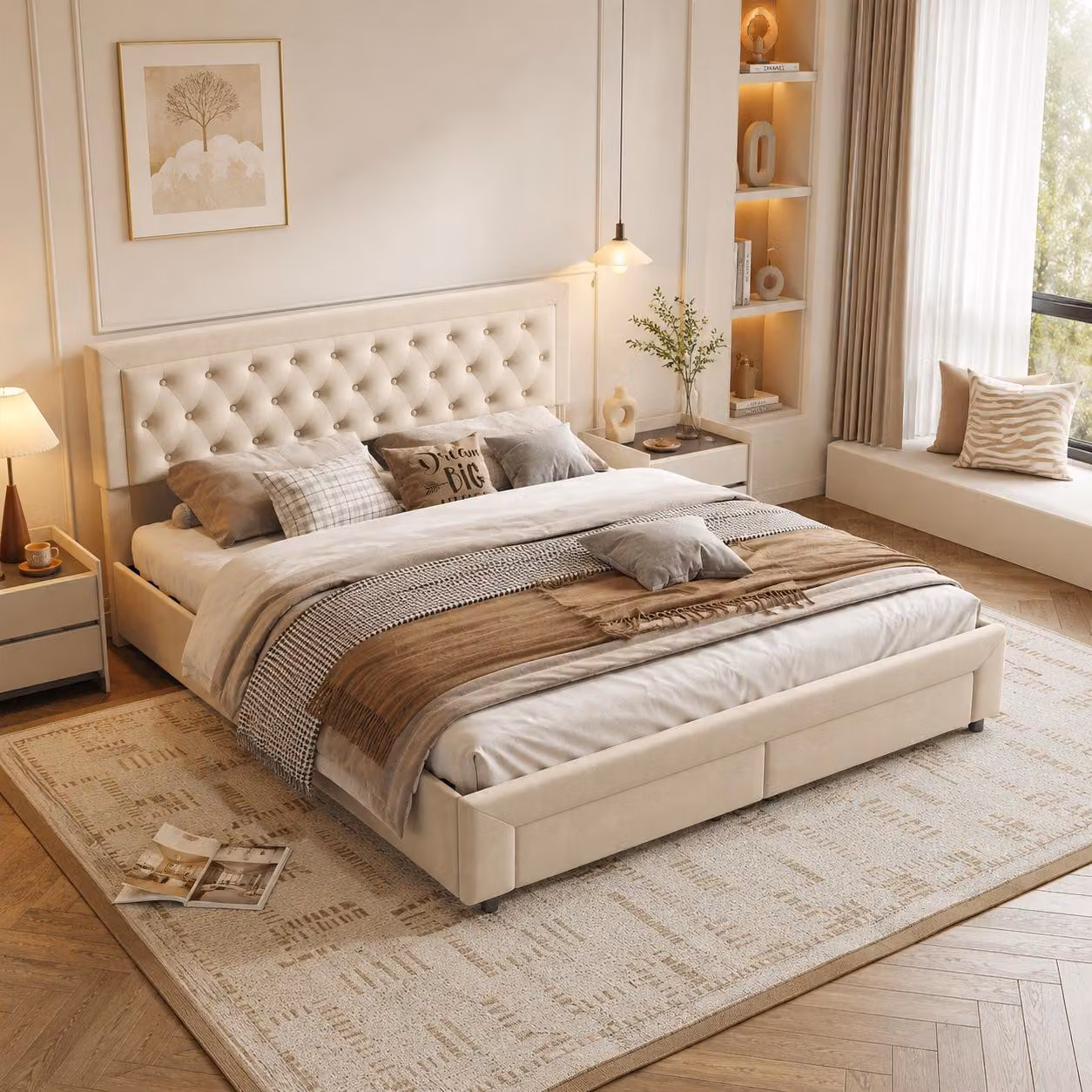 INONEFT, Letto imbottito idraulico 160x200 cm, letto matrimoniale con 2 cassetti, struttura a molle con rete a doghe, senza materasso, rivestito in velluto color beige