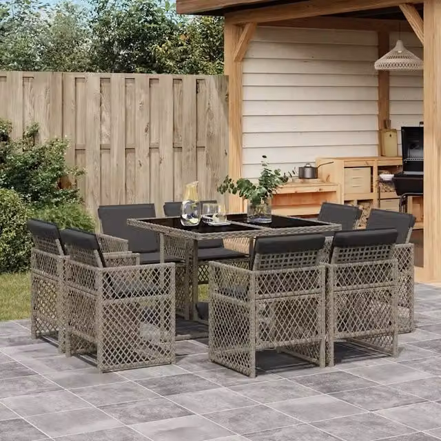 Set da Pranzo da Giardino 9 pz con Cuscini in Polyrattan Grigio 3210836