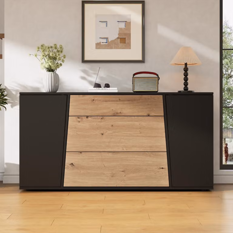 Mobiletto laterale Merax, pensile da cucina con 2 ante e 3 cassetti, mobiletto contenitore con ripiani regolabili, mobile per soggiorno con piano di lavoro, in MDF, colore nero