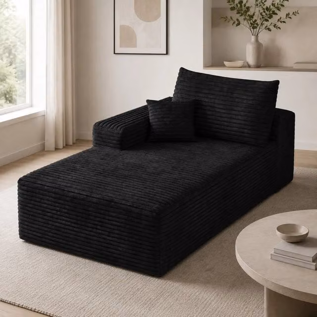 Divano angolare MIVRAY con chaise longue reversibile in velluto a coste nero per soggiorno e camera da letto