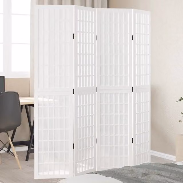 Divisorio Ambienti Paravento a 4 Pannelli in Legno Massello di Paulownia Bianco con Design Geometrico H 180 x L 145 cm