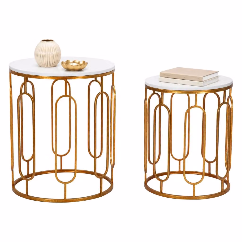 Set da 2 Tavolini da Salotto DMORA Alexan con Ripiano Rotondo Effetto Marmo Bianco, L/P/H: 46 x 46 x 55 cm – 2