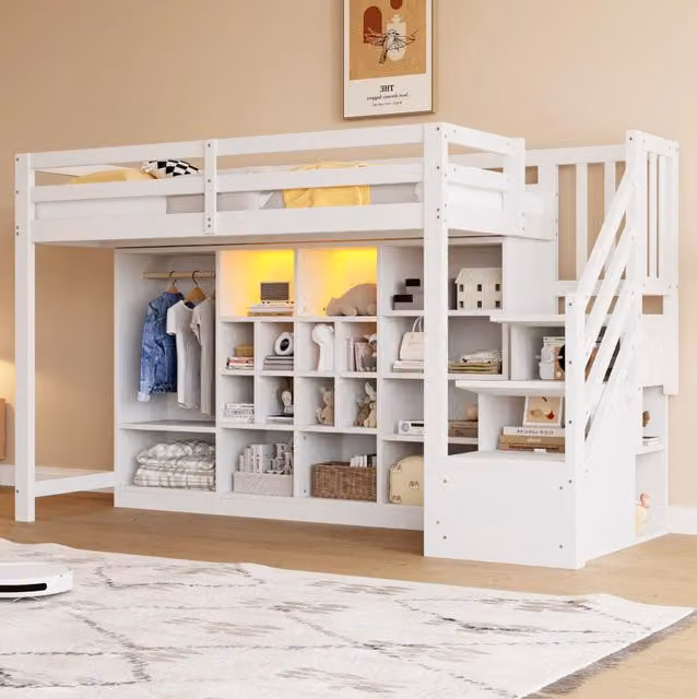 Letto a Soppalco 90x200 cm con Armadio e Ripiani, Illuminazione LED, Struttura in Legno, Bianco