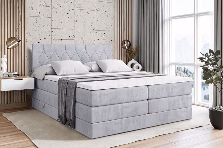 Letto boxspring ALTDECOR con 2 materassi e topper - 140x200 cm - VELANTO -BZ KING - Grigio Monolith 84 - Letto imbottito con materassi H3 e H4, contenitore e rete a doghe, letto con spazio di stivaggio