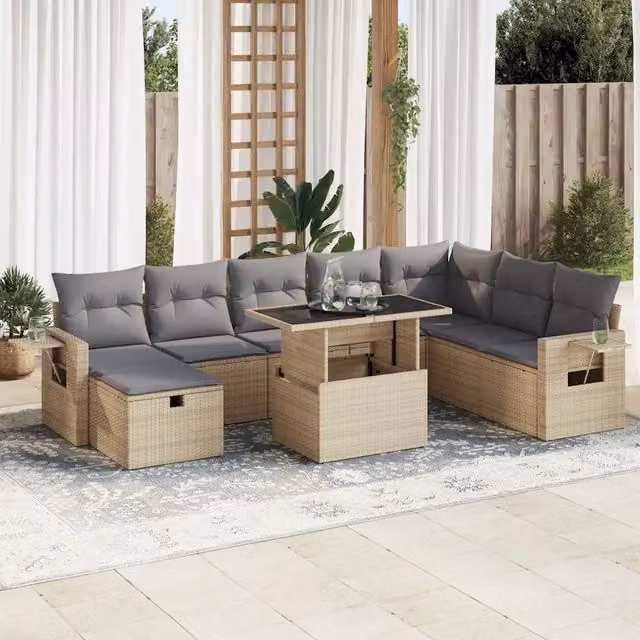 Set Divano da Giardino a Forma di U vidaXL in Polyrattan con Cuscini Beige e Tavolino da Esterno